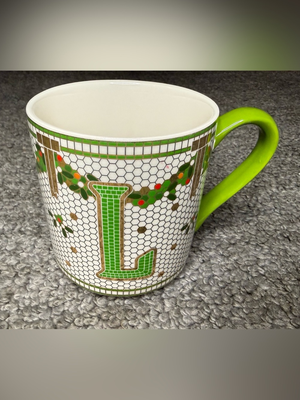 Anthropologie White Ceramic Mug with Green Monogram L and Lime Handle